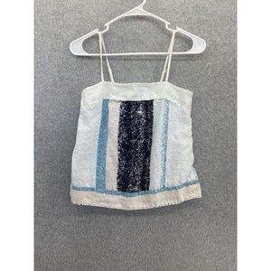 adL Women's Blouse Sleeveless Striped 100% Linen Square Neck Size XS